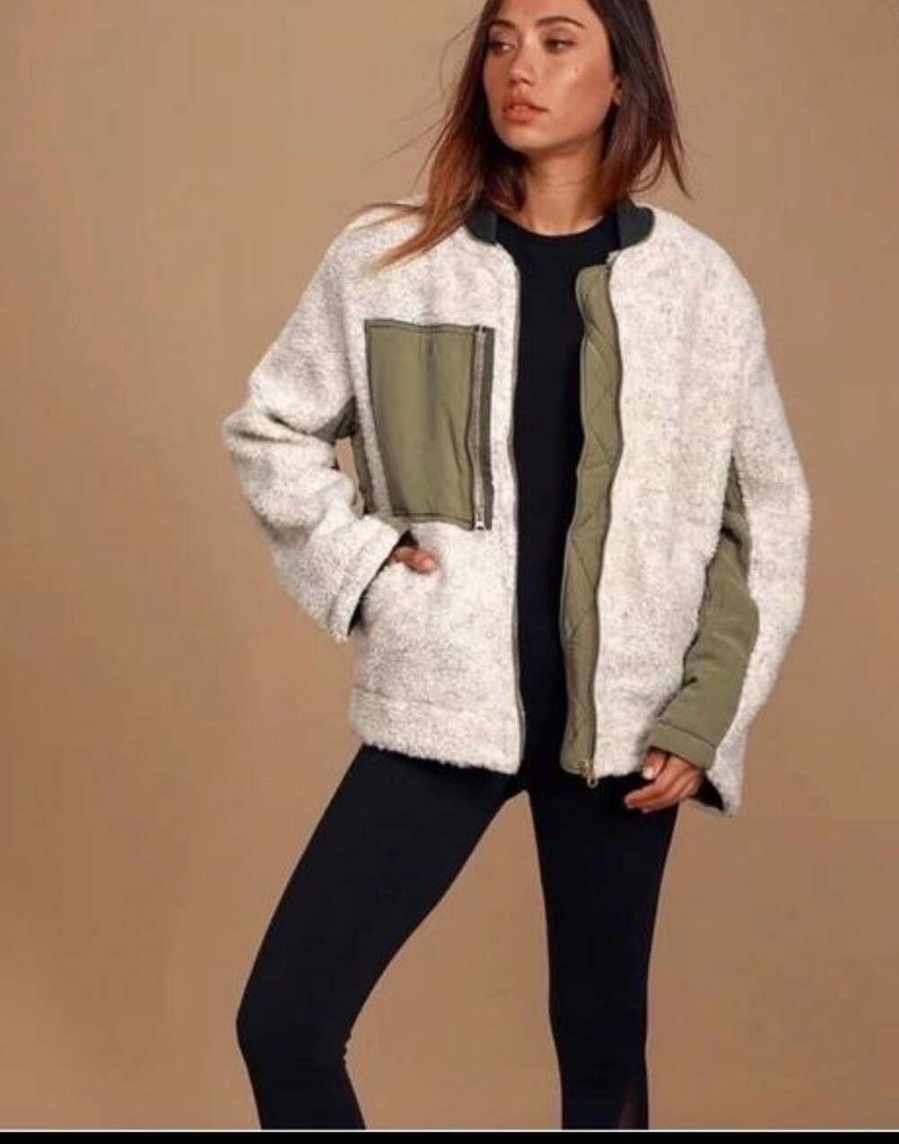 Free People We The Free Rivington Sherpa Jacket Cream Olive Green Size Large